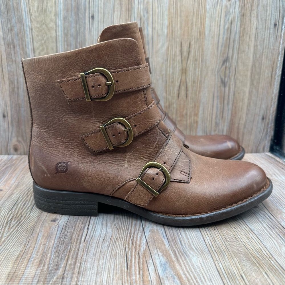 Born Nivine Brown Leather Buckle Ankle Boots Side Zip Women's Size 7